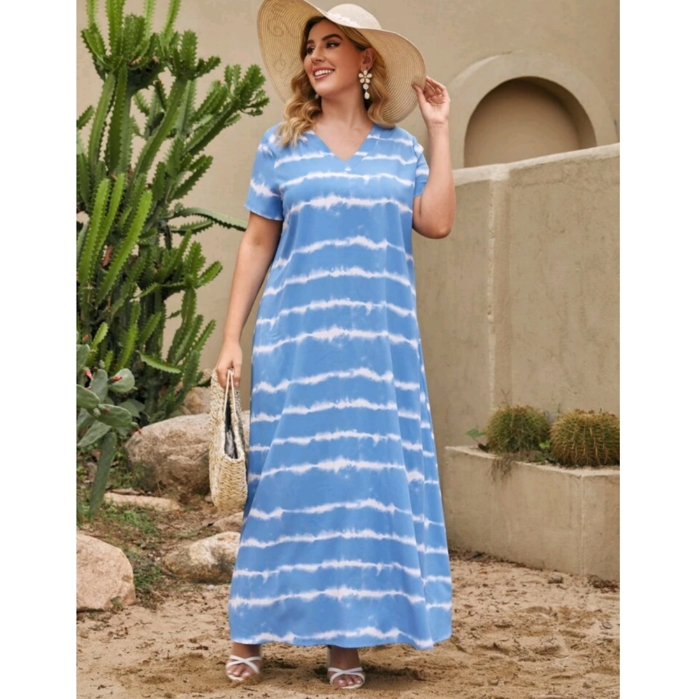 SheIn Blue Tie Dye Striped Short Sleeve Maxi Dress